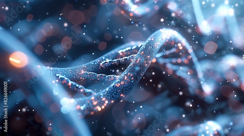 Abstract close-up of DNA strands with glowing particles, representing advanced biotechnology and genetic research in a vibrant, futuristic setting.