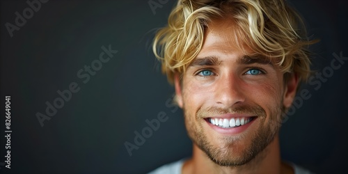 Portrait of a blond man with a bright smile for dental advertisement. Concept Smiling Man Photoshoot, Dental Advertisement, Bright and White Teeth photo
