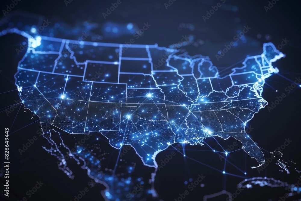 Digital map of america network connectivity created with generative ai Digital map of america network connectivity created with generative ai