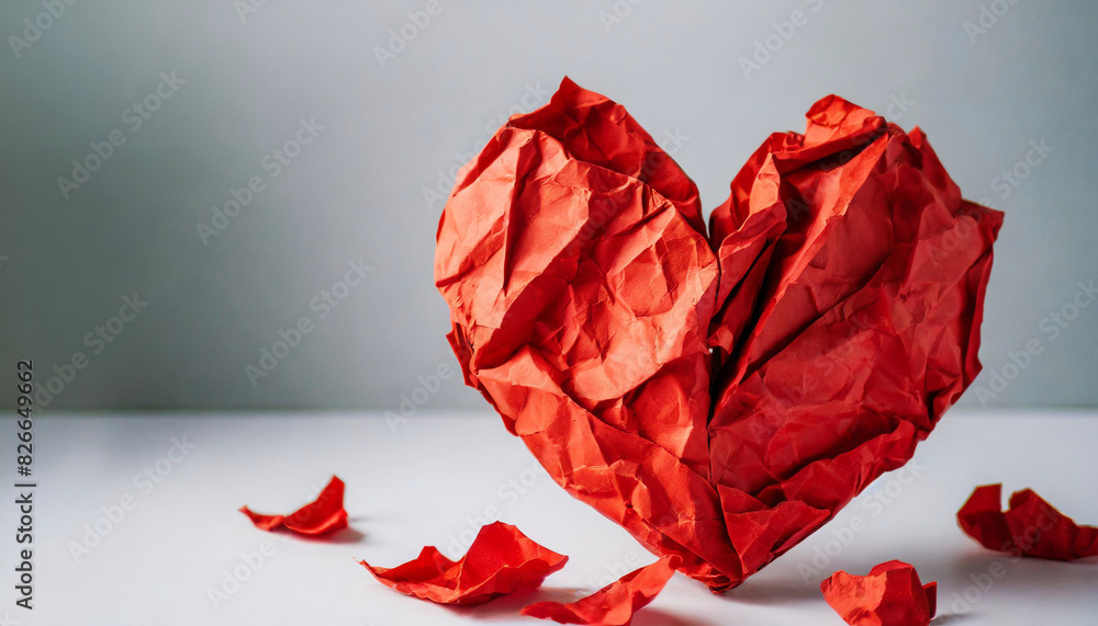 Crumpled red paper heart, symbolic of love lost or heartache Crumpled red paper heart, symbolic of love lost or heartache