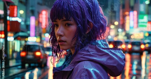 Vibrant Urban Rain: Portrait of a Woman with Purple Hair © Huseyn
