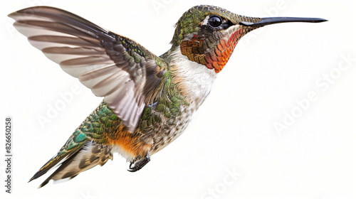 A hummingbird with a long, thin beak and green, red, and orange feathers is flying with its wings spread wide. photo