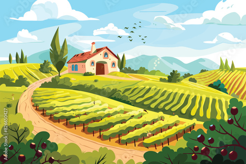 Vineyard Landscape and Winery Field with Villa Farmhouse. Hand Drawn Vector Illustration Poster Featuring Wine Cellar with Wooden Barrels, White Wine Bottle, and Man Harvesting Grapes