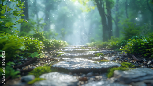 Fototapeta Naklejka Na Ścianę i Meble -  nature or forest empty mockup blur green leaf tropical forest plant background.beauty cosmetic healthy natural product placement pedestal display,spring or summer jungle paradise concept.