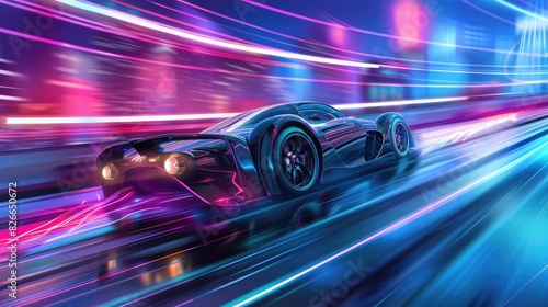 Racing car posters. Car race banner. close up futuristic car with high fast and speed neon city background, car on track with glowing light, night scene neon © Ilmi