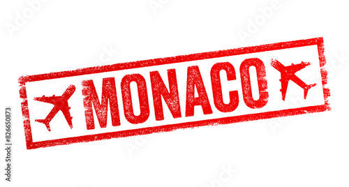 Monaco - is a sovereign city-state and microstate on the French Riviera, text emblem stamp with airplane photo
