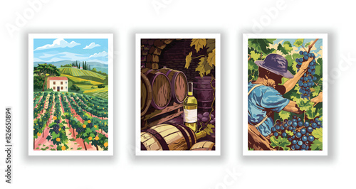 Vineyard Landscape and Winery Field with Villa Farmhouse. Hand Drawn Vector Illustration Poster Featuring Wine Cellar with Wooden Barrels, White Wine Bottle, and Man Harvesting Grapes