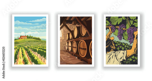 Vineyard Landscape and Winery Field with Villa Farmhouse. Hand Drawn Vector Illustration Poster Featuring Wine Cellar with Wooden Barrels, White Wine Bottle, and Man Harvesting Grapes