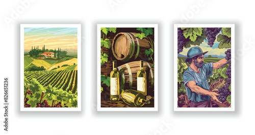 Vineyard Landscape and Winery Field with Villa Farmhouse. Hand Drawn Vector Illustration Poster Featuring Wine Cellar with Wooden Barrels, White Wine Bottle, and Man Harvesting Grapes