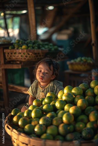 photo of asian baby sitting next to two baskets full of Limes 