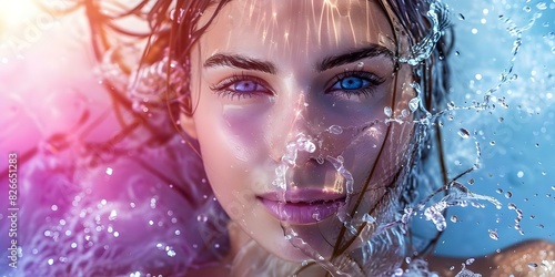 Woman emerging from water locking eyes with camera wet hair flowing. Concept Outdoors Photoshoot, Water Photography, Portrait Pose, Intense Eye Contact, Wet Hair Aesthetic photo