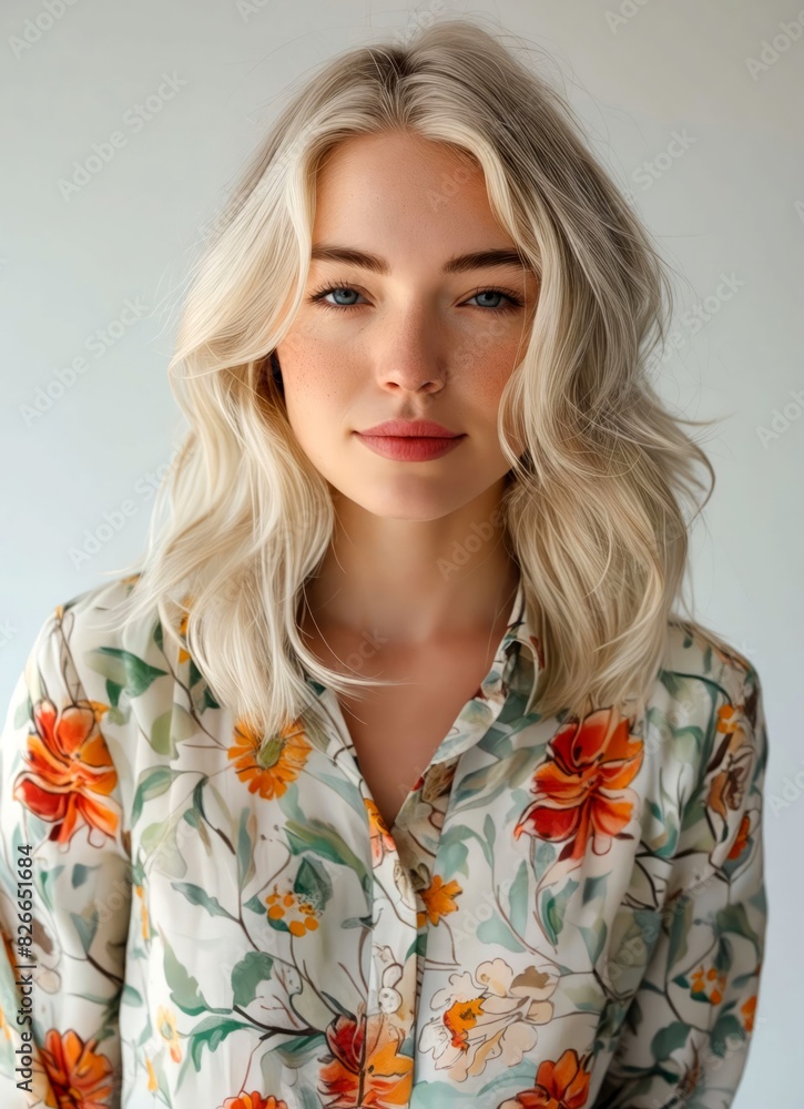 A beautiful blonde woman wearing a floral shirt. A beautiful blonde woman wearing a floral shirt.