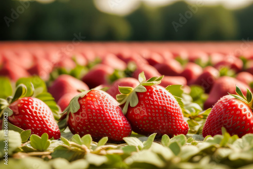 Deliciosas y frescas frutillas coloradas en un campo de frutillas. cosecha photo