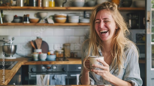 Woman laughing with coffee, great for joyful moments and lifestyle content. photo