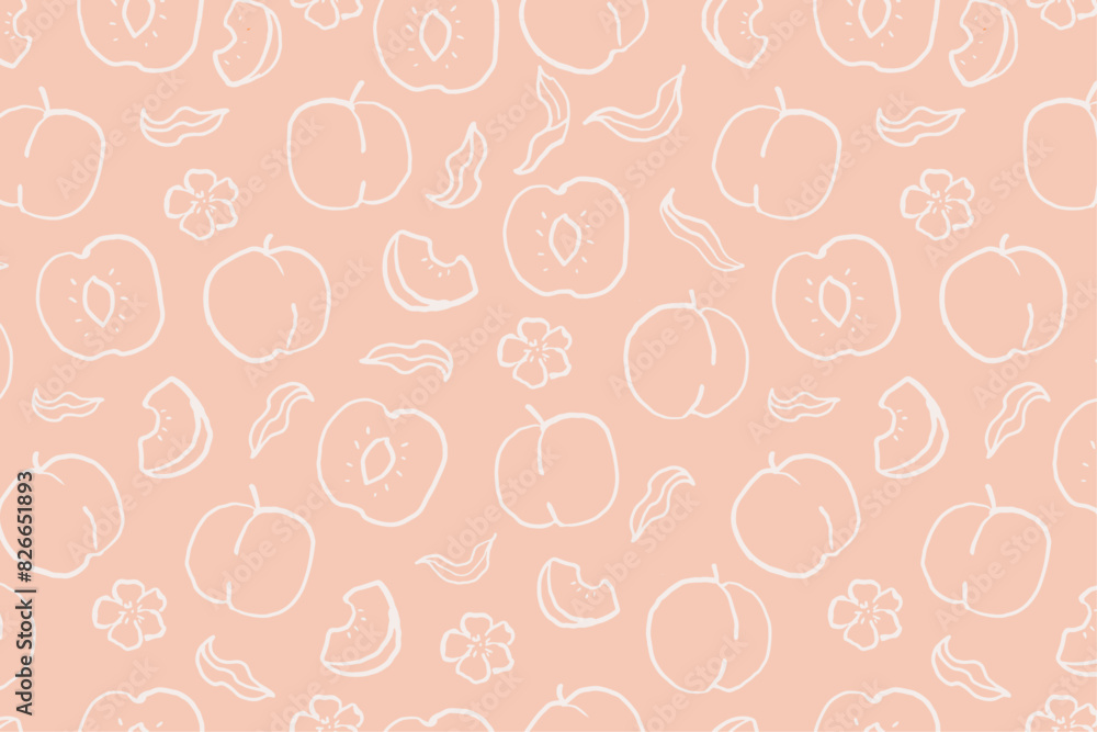 Peaches with leaves and blossoms seamless pattern. Hand drawn simple wallpaper with fruits on soft pink background. Simple line art vector design for textiles, wallpapers, and prints. Peaches with leaves and blossoms seamless pattern. Hand drawn simple wallpaper with fruits on soft pink background. Simple line art vector design for textiles, wallpapers, and prints.