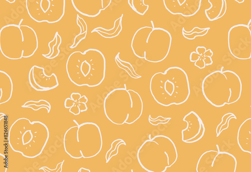 Peaches with leaves and blossoms seamless pattern. Hand drawn simple wallpaper with fruits on white background. Simple line art vector design for textiles, wallpapers, and prints.