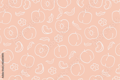 Peaches with leaves and blossoms seamless pattern. Hand drawn simple wallpaper with fruits on soft pink background. Simple line art vector design for textiles, wallpapers, and prints.