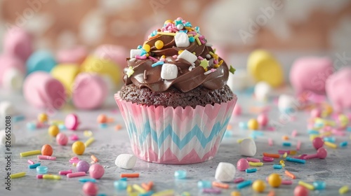 Photo of colorful cupcakes topped with pastel frosting, sprinkles, and marshmallows, set against a festive background with scattered candies.