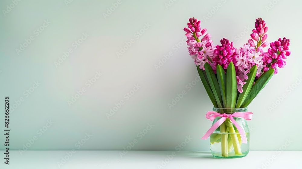 Photo of a bouquet of pink hyacinths in a glass jar, tied with a pink ribbon, against a light gray background, creating a fresh and elegant look. Photo of a bouquet of pink hyacinths in a glass jar, tied with a pink ribbon, against a light gray background, creating a fresh and elegant look.