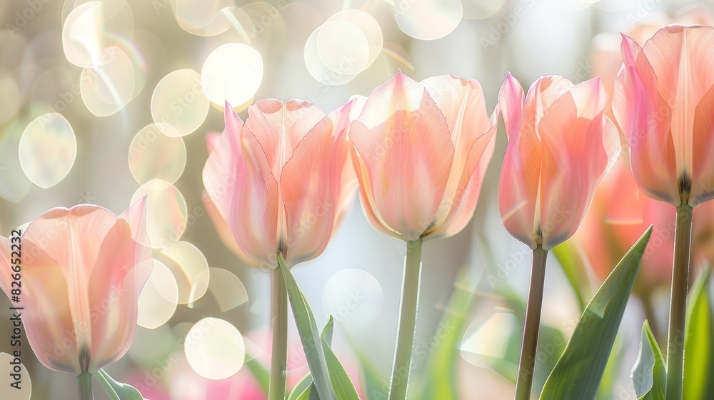 Photo of a cluster of pink tulips blooming outdoors in a garden, with a soft focus on the petals, creating a dreamy and vibrant springtime scene.