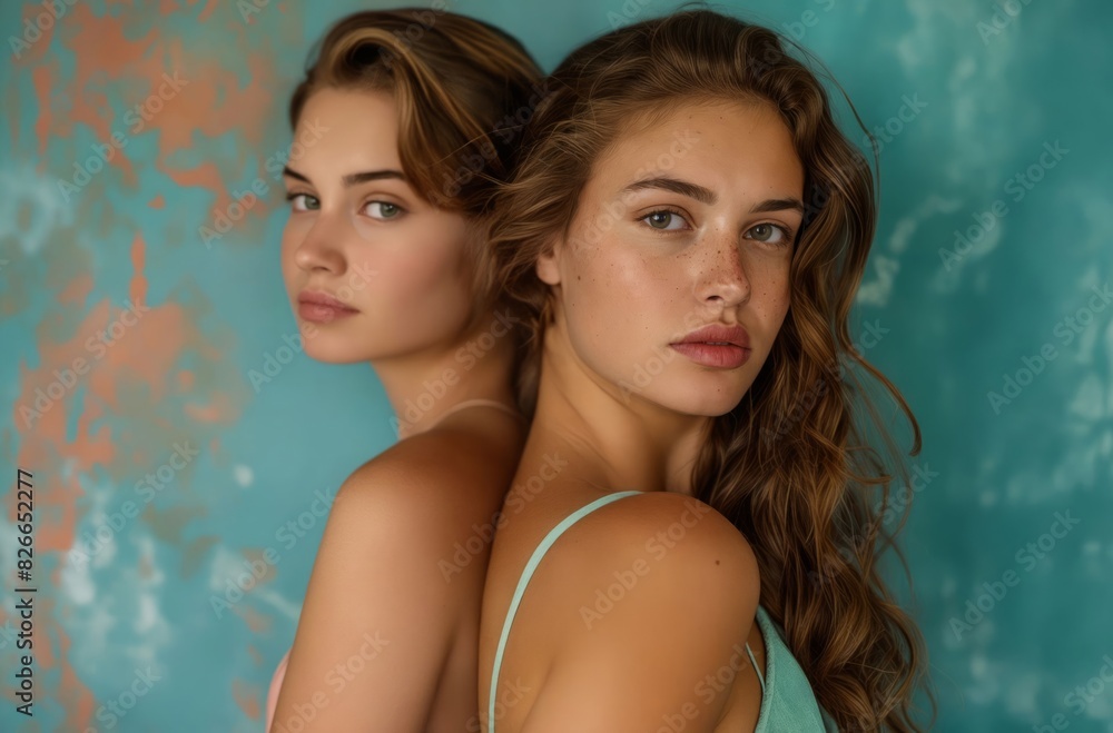 Two women posing against a blue wall. Two women posing against a blue wall.