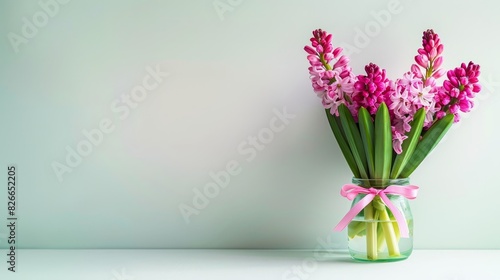 Photo of a bouquet of pink hyacinths in a glass jar  tied with a pink ribbon  against a light gray background  creating a fresh and elegant look.