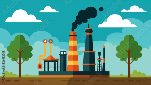Steam billowing out of vents as the tower works tirelessly to separate crude oil into its various components.. Vector illustration