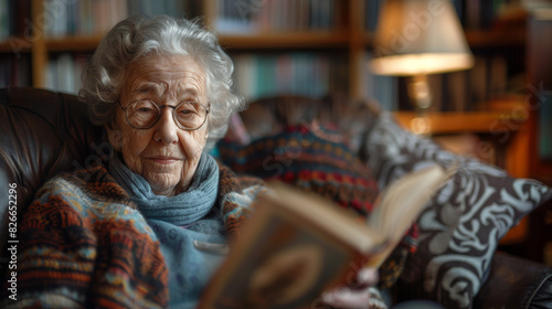 Elderly woman reading a book in a cozy living room with bookshelves in the background, creating a warm and inviting atmosphere.