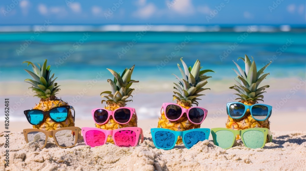 Photo of pineapples wearing colorful sunglasses on a sandy beach with a vibrant blue ocean and clear sky in the background.