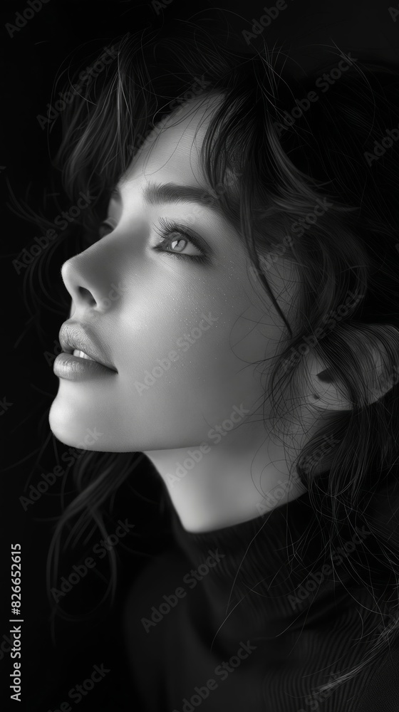 A woman in black and white with long hair. A woman in black and white with long hair.