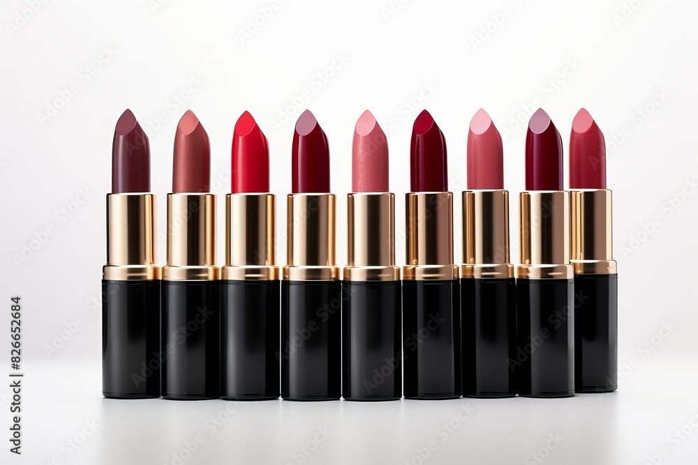 Obraz premium A row of nine elegant red lipsticks with gold accents, showcasing different shades and hues, isolated on a white background.