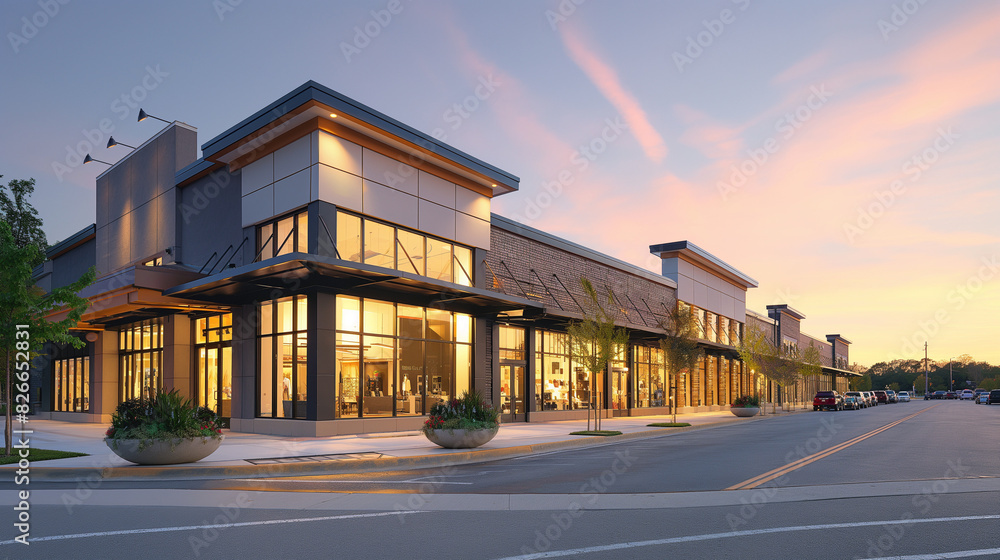 Modern shopping center at sunset with illuminated windows