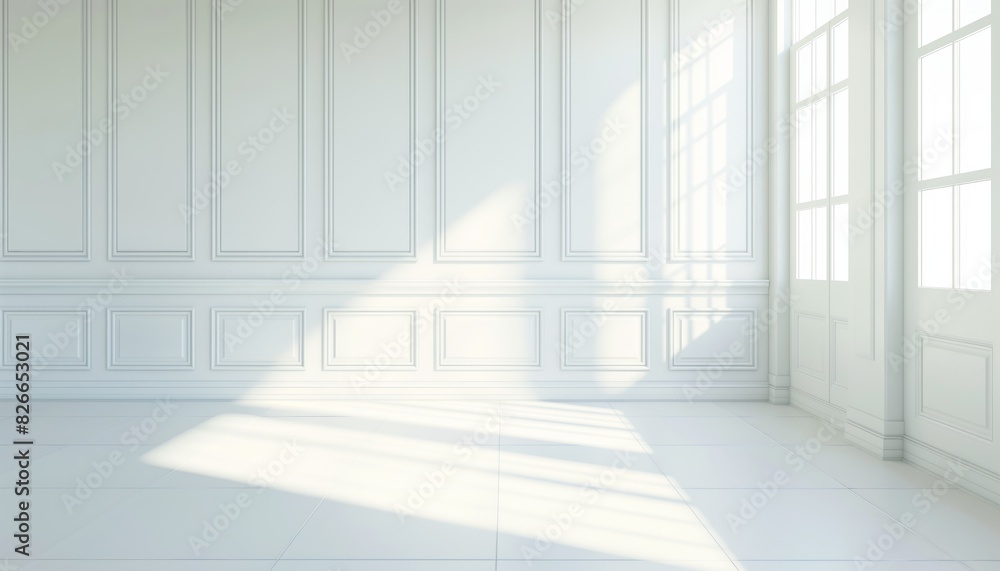 Minimalist white panelled room with shadows Minimalist white panelled room with shadows