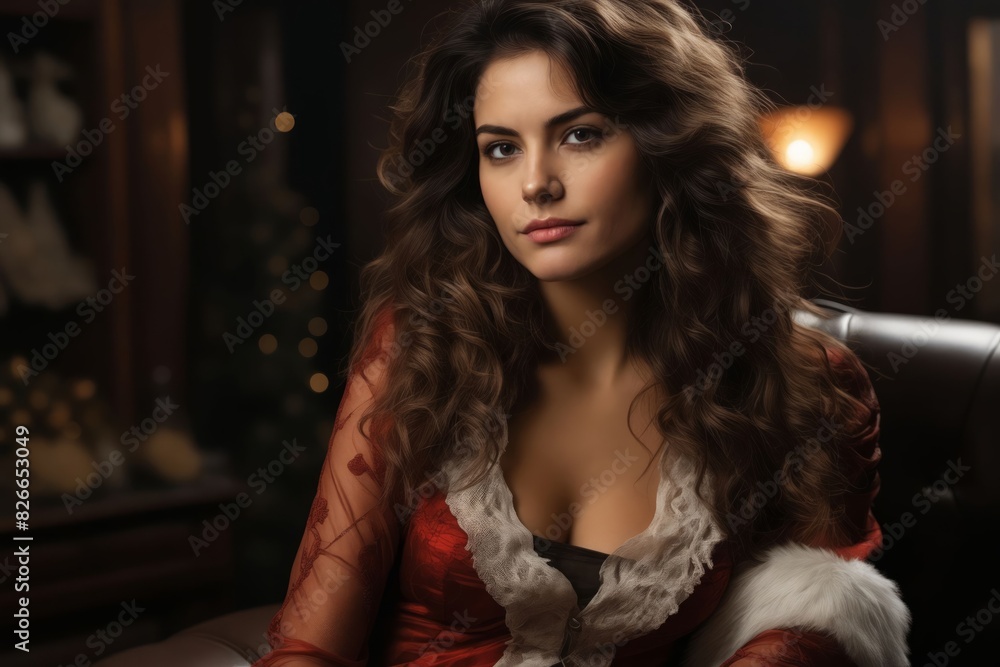 A beautiful woman in santa claus costume sitting on a chair. A beautiful woman in santa claus costume sitting on a chair.