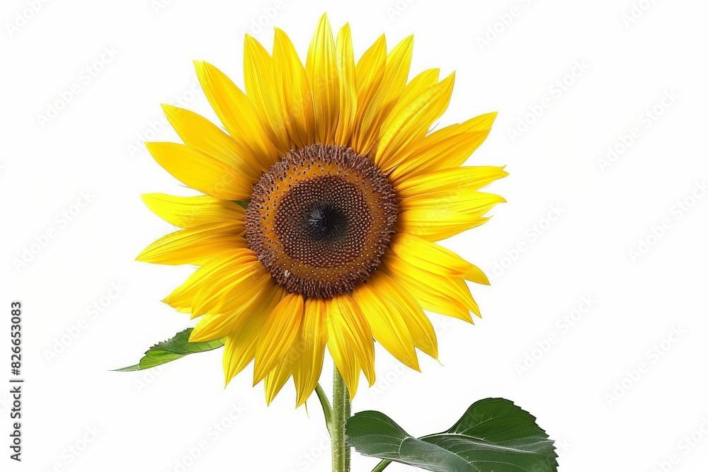 Close-up of a vibrant sunflower with bright yellow petals and green leaves on a white background. Perfect for nature and floral-themed projects. Close-up of a vibrant sunflower with bright yellow petals and green leaves on a white background. Perfect for nature and floral-themed projects.