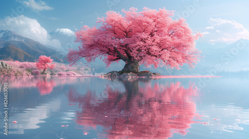 Ethereal Sakura Blossoms Reflecting in Tranquil Lake photo