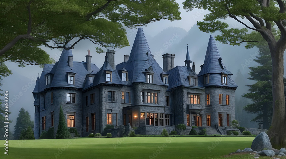 A majestic, old-fashioned castle mansion, its walls a deep, dark blue, standing atop a rocky hill, surrounded by a thick forest A majestic, old-fashioned castle mansion, its walls a deep, dark blue, standing atop a rocky hill, surrounded by a thick forest