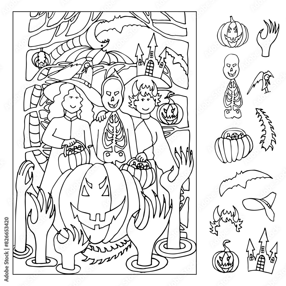 Halloween. Find and color hidden objects in the picture. Witch, bats, hands, castle, moon, snake, pumpkins on a night of celebration. Coloring page. Trick or treat. Hand drawn vector illustration