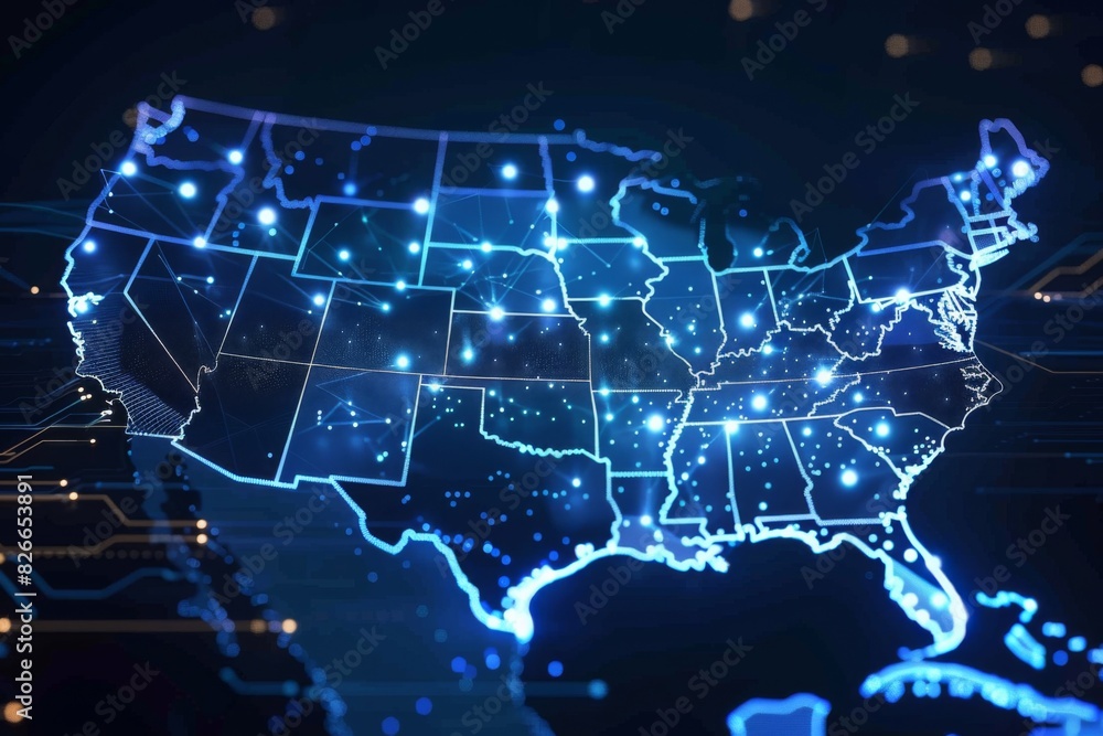 Digital map of america network connectivity created with generative ai Digital map of america network connectivity created with generative ai