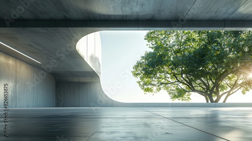 Cement garage modern design. Futuristic architecture building with tree background with empty space floor  concrete floor