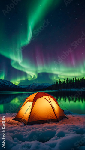 A glowing tent by a calm tranquil lake with the beautiful northern lights dancing in the sky