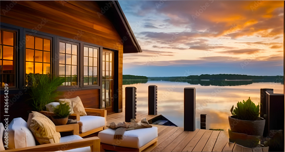 Fototapeta premium Exterior of wooden house with terrace and sunset over lake