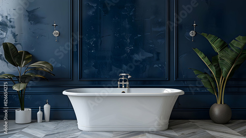 Bathroom interior has a white bathtub on a navy blue wall background