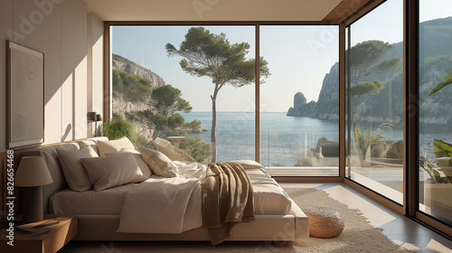 Luxurious bedroom with stunning ocean view and large windows © Cozy Art
