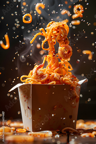 Noodles spilling from a box  creating a fiery mess on the table