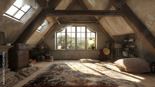 Cozy attic interior with oatmeal rug for warmth and coziness, oatmeal wall beams © Pik_Lover