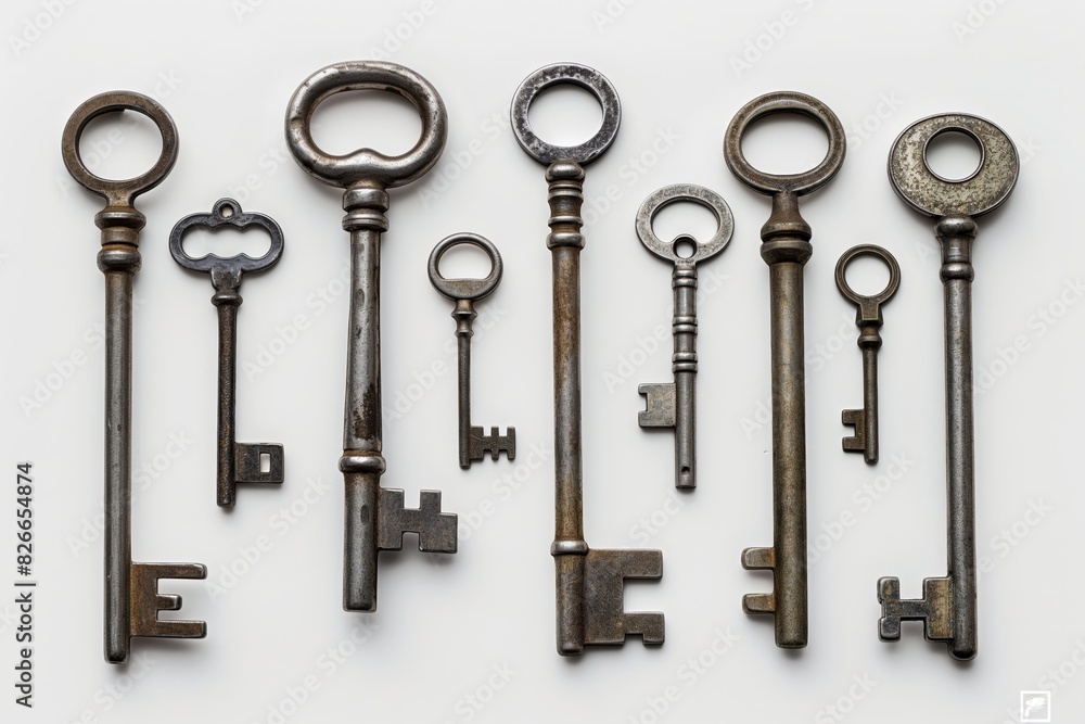 A collection of old keys are shown in a row A collection of old keys are shown in a row