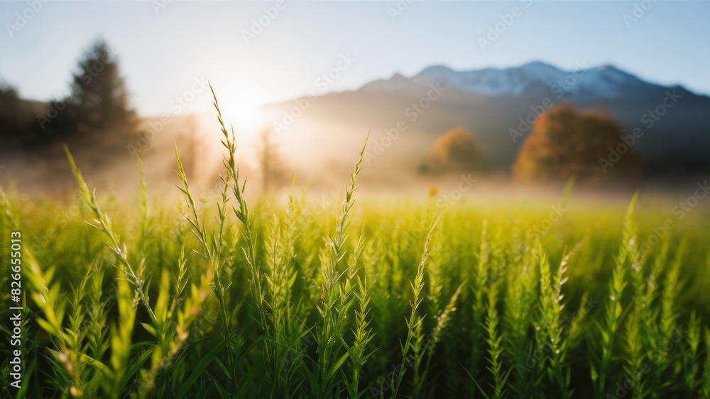 A serene, beautiful morning. A lush green meadow bathed in the golden light of the rising sun. The sun's rays gently break through the fog, creating a dreamy atmosphere. A serene, beautiful morning. A lush green meadow bathed in the golden light of the rising sun. The sun's rays gently break through the fog, creating a dreamy atmosphere.