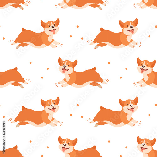 Seamless pattern of corgi dog puppies on a white background. Print, baby textile, wallpaper