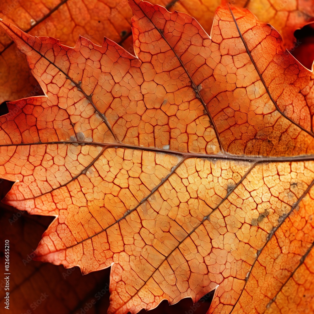 Fototapeta premium Close-up of a vibrant autumn leaf displaying intricate patterns and rich orange hues, showcasing the beauty of fall foliage.